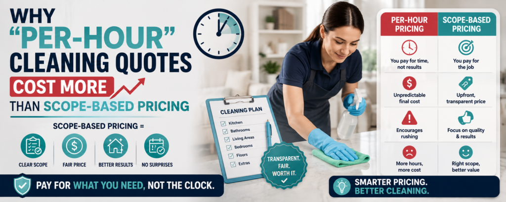 Why “Per-Hour” Cleaning Quotes Cost More Than Scope-Based Pricing